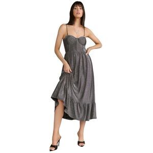 NY & Co Lena XL Lurex Knit Pleated Corset Midi Dress Silver Lame Evening Elegant